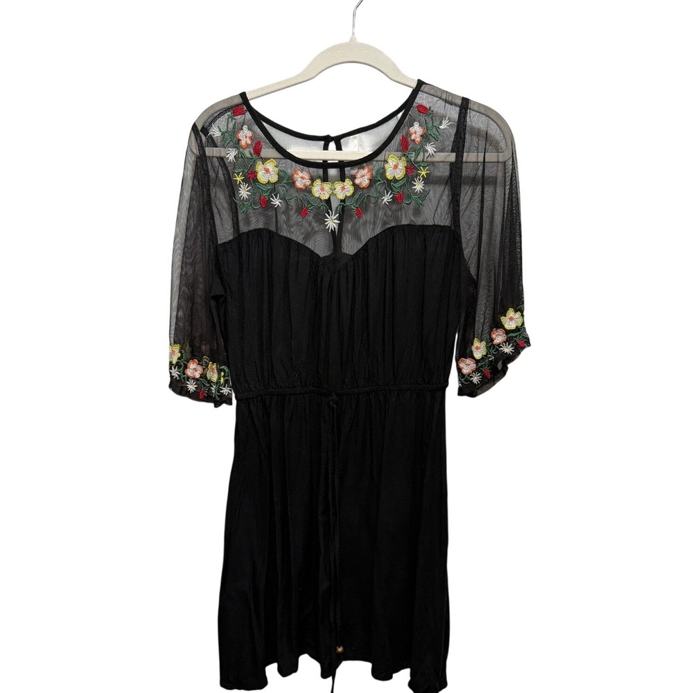 True Destiny Black Mesh Embroidered Flower Dress Women's Size L Boho